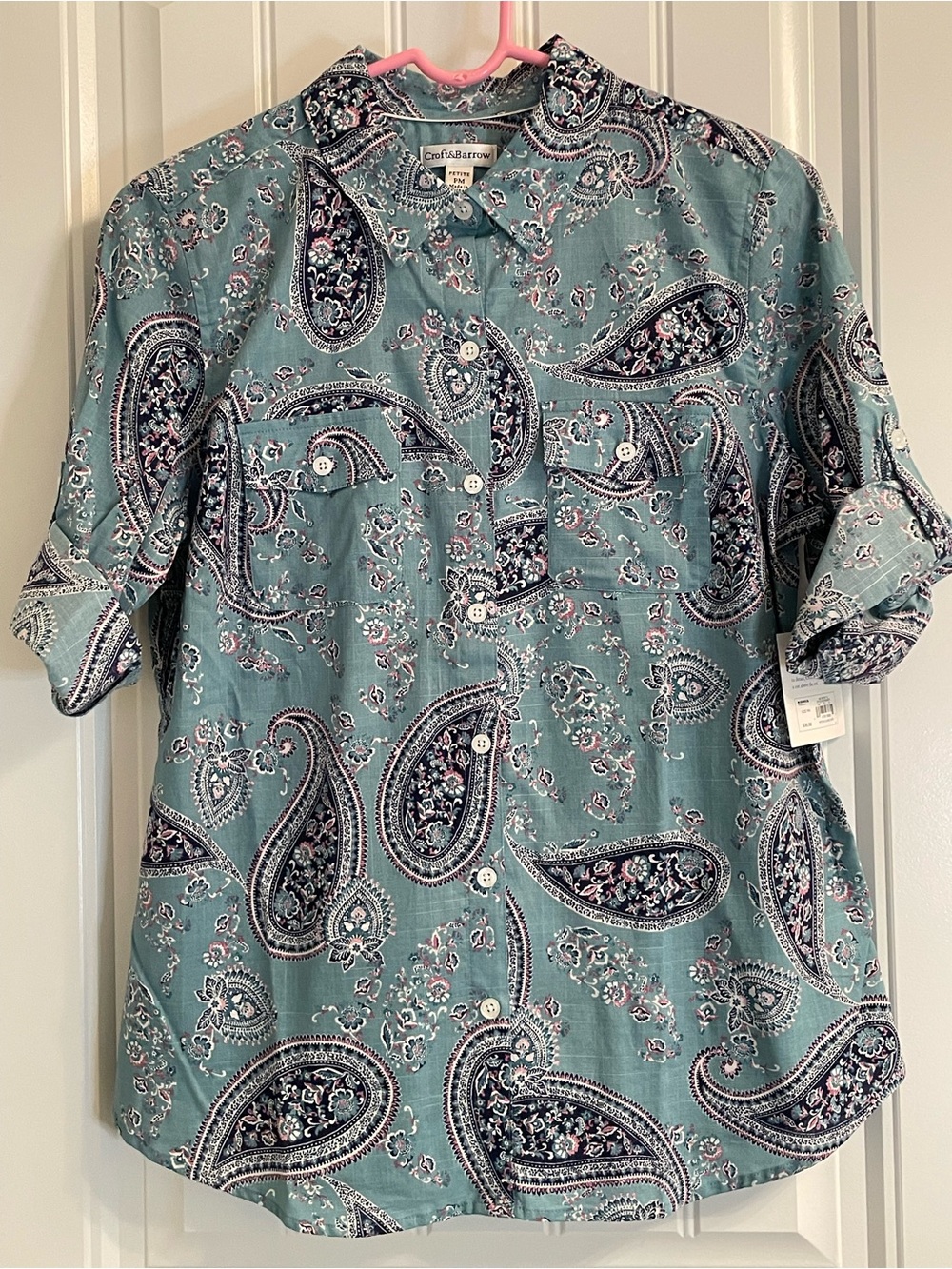 CROFT & BARROW Teal Paisley 3/4th Sleeve Button Down Blouse